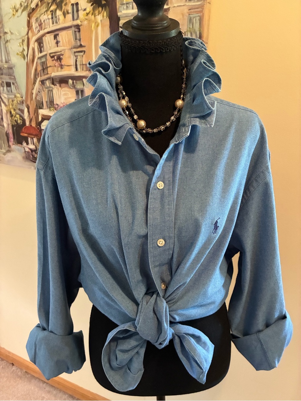 Polo by Ralph Lauren Light Blue Women's Button-Down Shirt with Ruffle Collar